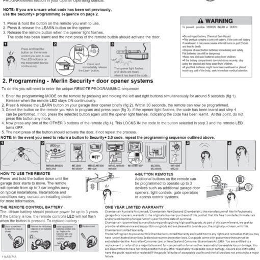 Merlin E970M Garage Door Remote Control Premium 4 Button Instructions