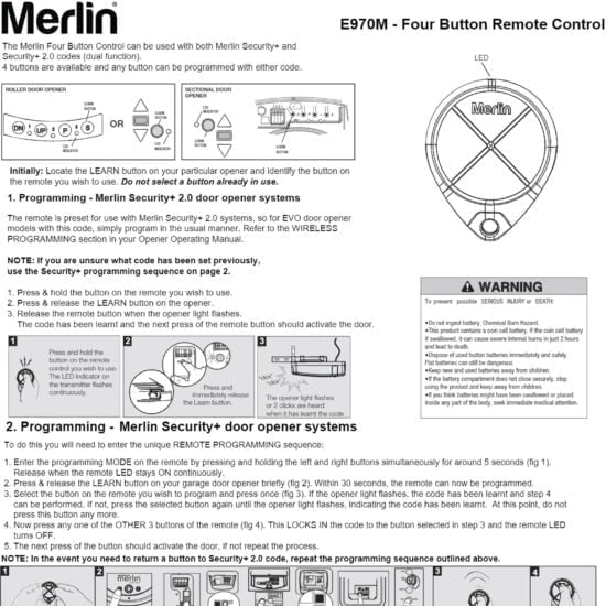 Merlin E970M Garage Door Remote Control Premium 4 Button Instructions 2