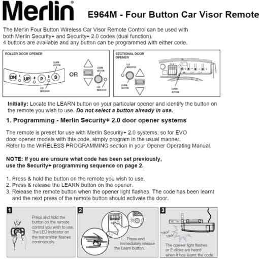 Merlin+ 2.0 E964M Genuine Garage/Gate Visor Clip Remote E964 - Image 4